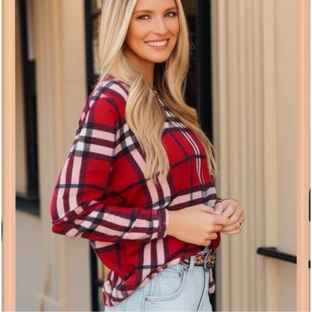 FIRST LOVE Autumn Rust Plaid Knit Long Sleeve Oversized Light Sweater Top